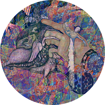 A high resolution painting of a hand holding animals